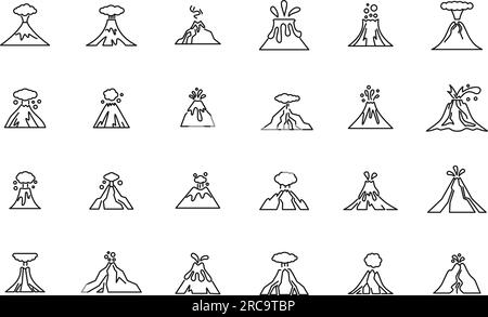 Les icônes d'éruption volcanique définissent le vecteur de contour. Volcan actif. Cratère de danger Illustration de Vecteur