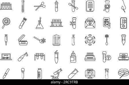 Les icônes de test PCR définissent le vecteur de contour. Test Covid. Écouvillon de laboratoire Illustration de Vecteur