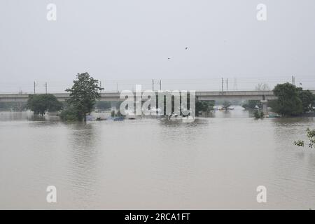 New Delhi, Inde. 13 juillet 2023. Vue générale de la rivière Yamuna inondée à New Delhi, Inde, jeudi 13 juillet 2023. Les zones résidentielles proches de la rivière ont été inondées, submergeant les routes, les voitures et les maisons, conduisant à l'évacuation de milliers de personnes des zones basses de la capitale du pays. Photo Anshuman Akash/ABACAPRESS.COM crédit : Abaca Press/Alamy Live News Banque D'Images