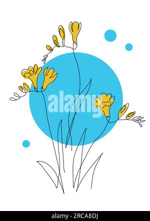 Illustration vectorielle simple de fleurs FREESIA. Un dessin d'art au trait continu de brindilles de freesia dans des couleurs bleues et jaunes Illustration de Vecteur