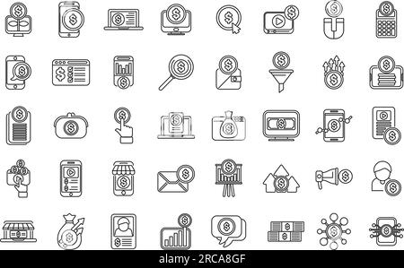 Les icônes de monétisation définissent le vecteur de contour. Contenu du site Web. Financement des données Illustration de Vecteur