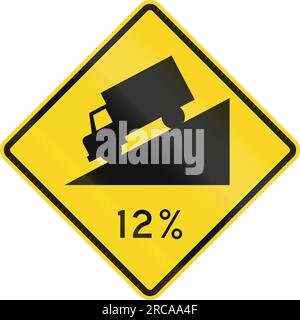 Panneau d'avertissement routier canadien - côte ou pente raide devant. Ce panneau est utilisé en Ontario. Banque D'Images