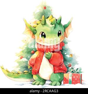 Dragon cadeaux aquarelle de noël dans le style de bande dessinée. Elément décoratif vintage. Conception de carte de voeux de vacances. Bonne année. Symbole du nouvel an. Illustration de Vecteur