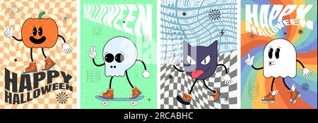 Ensemble d'affiches d'art de fête joyeuse Halloween rétro. Personnages effrayants de vacances de citrouille, crâne, chauve-souris et fantôme sur le pancarte hippy fou. Dépliant abstrait psychédélique de style hippie. Design tendance de la culture pop y2k Illustration de Vecteur