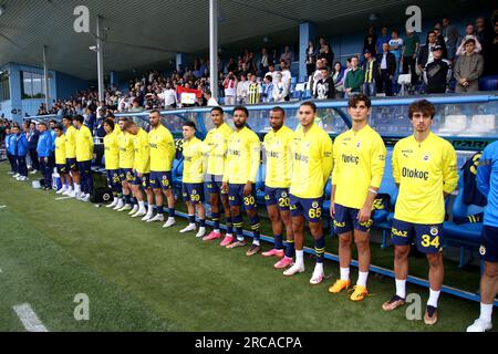 Saint-Pétersbourg, Russie. 12 juillet 2023. Joueurs de Fenerabahce vus en ligne lors du match de football de la Premier Cup pari entre Fenerabahce Istanbul et Crvena Zvezda Belgrad à Gazprom Arena. L'équipe Crvena Zvezda FC a gagné contre Fenerabahce avec un score final de 3:1. (Photo Maksim Konstantinov/SOPA Images/Sipa USA) crédit : SIPA USA/Alamy Live News Banque D'Images