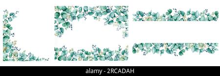 Ensemble de motif branches d'eucalyptus. Bordures et compositions aquarelles pour la conception de cartes de vœux, invitations, félicitations, affiches, announcem Banque D'Images