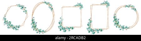 Ensemble de cadre géométrique doré avec eucalyptus. Cadre de cadre de mariage pour cartes de voeux, invitations, félicitations, affiches, annonces. Valentine Banque D'Images