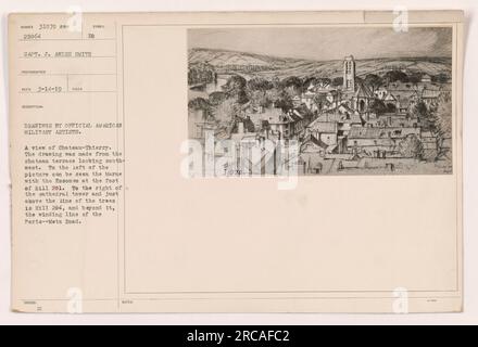 'Une vue de Château-Thierry prise le 3-14-19. Cette photographie, numéro 31070, a été prise par le capitaine J. Andre Smith, un photographe militaire américain officiel. Il montre un dessin réalisé par des artistes militaires américains officiels, représentant Château-Thierry vu de la terrasse du château donnant sur le sud-ouest. La Marne est visible sur la gauche, avec l'Essom es au pied de la colline 201. Sur la droite, la tour de la cathédrale et la colline 204 sont visibles, ainsi que la ligne sinueuse de la route Paris-mets. Des notes supplémentaires indiquent que le sujet est 31070. » Banque D'Images