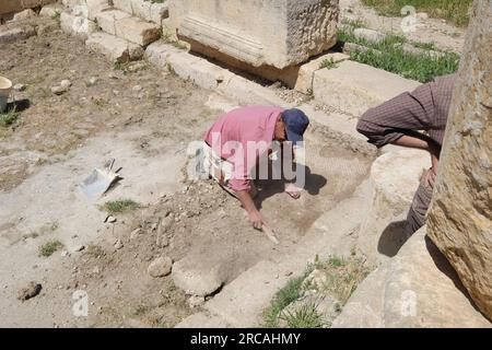 Un ouvrier gratte le sol sur les ruines de la ville de Jerash en Jordanie. Jerash est connu pour ses belles ruines romaines et byzantines. Banque D'Images