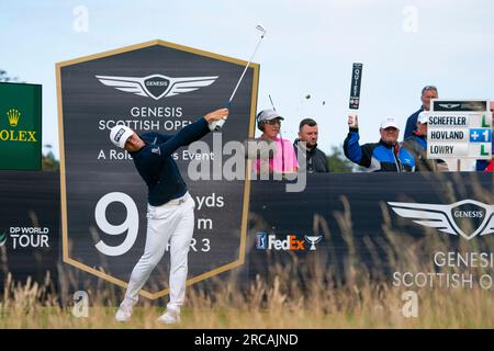 North Berwick, East Lothian, Écosse, Royaume-Uni. 13 juillet 2023. Viktor Hovland s’éloigne au 9e trou du Genesis Scottish Open au Renaissance Club à North Berwick. Iain Masterton/Alamy Live News Banque D'Images