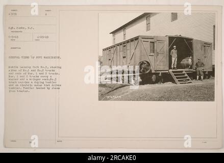 Cette légende est factuelle mais pas cohérente dans le style. Voici une légende révisée dans un style cohérent : fort Washington : vue générale de l'unité de blanchisserie mobile n ° 3, mettant en vedette les camions n ° 1 et n ° 2 transportant des laveuses et essoreuses, tandis que le camion n ° 3 a un tambour de séchage et un moteur électrique. Le tambour est chauffé à la vapeur par le tracteur. Photographe : Sgt. Combs, S.C. Date de prise : 29 avril 1919. Notes : 9047675. Banque D'Images