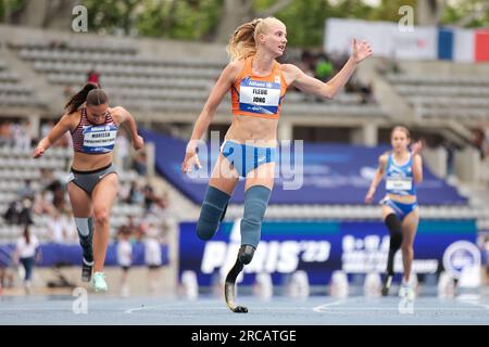 Paris, France. 13 juillet 2023. PARIS, FRANCE - JUILLET 13 : Fleur Jong des pays-Bas en compétition dans la finale du 100m T64 féminin le jour 6 des Championnats du monde de para athlétisme Paris 2023 au Stade Charlety le 13 juillet 2023 à Paris, France (photo de Marcus Hartmann/Agence BSR) crédit : Agence BSR/Alamy Live News Banque D'Images