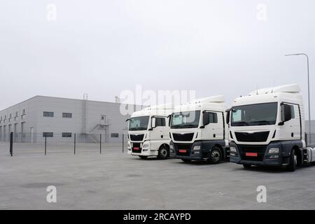 Les chariots se tiennent dans une rangée à un arrêt de chariot. Semi-remorques de fret pour la livraison et le chargement de fret, logistique, transport de fret. Banque D'Images