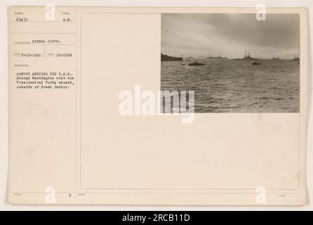 Un convoi est vu à la rencontre de l'U.S.S. George Washington à l'extérieur du port de Brest. L'enregistrement photographique a été pris en décembre 1918 par le signal corps, et l'image représente le navire avec le groupe présidentiel à bord. Les notes d'accompagnement mentionnent le numéro d'identification de la photo comme étant 9063471. Banque D'Images