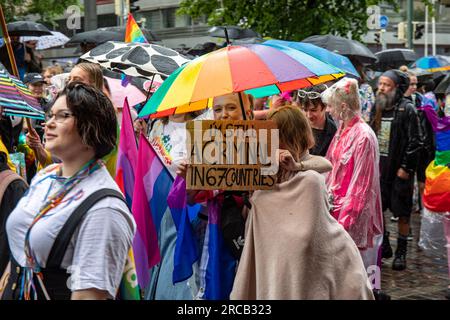 Jeune femme avec un parapluie arc-en-ciel portant une pancarte en carton au défilé Helsinki Pride 2023 à Helsinki, Finlande Banque D'Images
