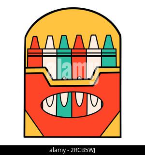 Dessin animé de crayons de couleur crayon d'école dans le style rétro doodle. Retour à l'école élément de papeterie Bold Bright. Fournitures classiques pour l'éducation des enfants. Amusant Illustration de Vecteur