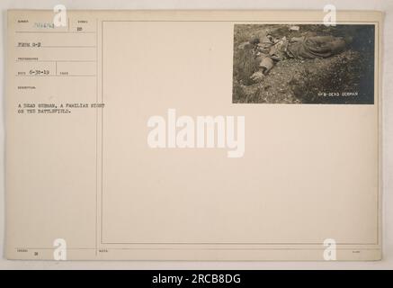 Une photographie capturant les conséquences d'une bataille pendant la première Guerre mondiale L'image montre un soldat allemand tombé au combat, un spectacle courant sur le champ de bataille. Cette photo est étiquetée « Numéro 59454 » et a été prise par un photographe du G-2 le 30 juin 1919. La description émise pour cette photographie est « SYMBOLE D'Un ALLEMAND MORT », avec deux notes EO (Enemy observer) - « NB-ALLEMAND MORT ». Banque D'Images