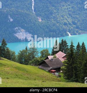 Lac turquoise de Brienz et chutes de Giessbach vues de Planalp. Monument célèbre en Suisse Banque D'Images