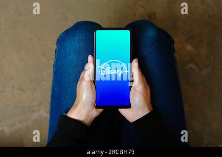 Dans cette illustration photo, le logo Disney + (Disney plus) vu affiché sur un smartphone. Banque D'Images