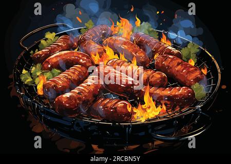 Illustration vectorielle de saucisses assorties grésillant sur un gril de barbecue à une arrière-cour de cuisson Illustration de Vecteur