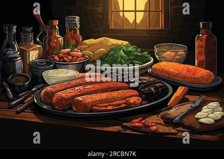 Illustration vectorielle de dessin animé de nature morte captivante de saucisses sur une table en bois sombre Illustration de Vecteur