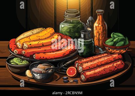 Illustration vectorielle de dessin animé de nature morte captivante de saucisses sur une table en bois sombre Illustration de Vecteur