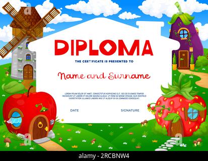 Diplôme d'enfants, maisons de conte de fées de dessin animé village sur l'attribution du certificat, modèle de vecteur. Diplôme d'atelier de maternelle ou de certificat scolaire avec des habitations de gnome de fée en moulin à vent, pomme et fraise Illustration de Vecteur