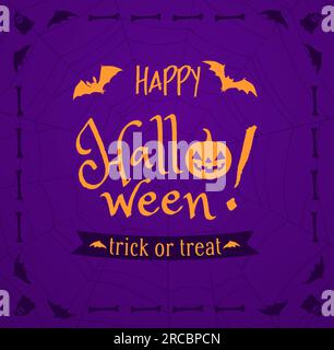 Bannière d'Halloween, carte de voeux de tour de vecteur ou de traiter avec le lettrage joyeux Halloween, lanterne de citrouille, spooks, chauves-souris, os et toile d'araignée sur fond violet. Bannière effrayante de célébration de fête de vacances Illustration de Vecteur