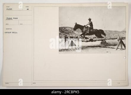 Soldats participant à un exercice de cavalerie pendant la première Guerre mondiale. Les soldats sont vus monter sur des chevaux pendant qu'ils pratiquent des manœuvres et des formations militaires. La photo a été prise par un photographe du signal corps, et l'image porte la description de 'Cavalry Drill'. Banque D'Images