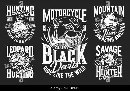 Guépard, léopard, puma, lynx et lions de montagne mascottes et t-shirt imprimés. Bikers moto club, voyage de chasse safari africain ou vêtements de parc naturel, t-shirt imprimé vectoriel monochrome avec des chats sauvages Illustration de Vecteur