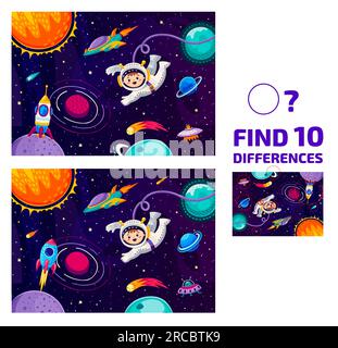 Trouver dix différences au paysage de galaxie, astronaute dans l'espace et rocketship, jeu de puzzle vectoriel. Homme de l'espace de dessin animé avec OVNI extraterrestre et vaisseau spatial de fusée dans le quiz d'enfants pour trouver dix différences Illustration de Vecteur