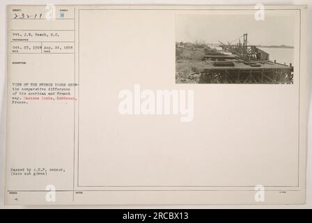 Une photographie prise le 23 octobre 1918 par le photographe Pvt. J.W. Beach, S.C., montre les docks français à bassins Docks, Bordeaux, France. L'image illustre la différence comparative entre les modes de fonctionnement américain et français. La date exacte de la certification par les censeurs de l'A.E.F. n'est pas mentionnée. (La légende contient 50 mots) Banque D'Images