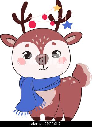 Un cerf dans une écharpe tricotée et avec des guirlandes du nouvel an sur ses cornes. Illustration vectorielle de Noël dans un style plat. Animal mignon, faon pour les cartes du nouvel an, affiches, papeterie Illustration de Vecteur