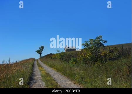 Lower Fox Creek School, dans le Kansas, se dresse sur une colline avec une route de gravier menant à elle. Banque D'Images