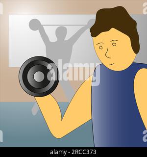 Un homme dans un t-shirt bleu fait des exercices avec des haltères dans la salle de gym, illustration vectorielle/ Illustration de Vecteur
