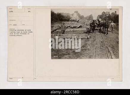 Des soldats canadiens chargent des grumes sur des wagons tirés par des chevaux près de Guesney, en France, en 1919. Cette photographie les a capturés engagés dans des activités laborieuses pendant la première Guerre mondiale, illustrant leurs contributions aux efforts militaires. Banque D'Images