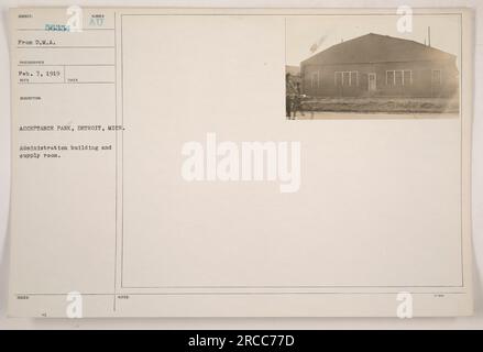 La photographie montre le bâtiment administratif et la salle d'approvisionnement à Acceptance Park à Detroit, Michigan. La photo a été prise par le photographe 56354 le 7 février 1919. Banque D'Images