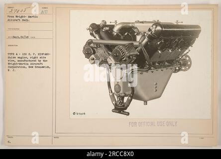 Un moteur HISPANO-Suiza de 150 chevaux, vu du côté droit, fabriqué par Wright-Martin Aircraft Corporation au Nouveau-Brunswick, New Jersey. Cette photographie a été prise le 24 septembre 1918 et a reçu le numéro d'identification 111-SC-27008. L'image est réservée à un usage officiel. Banque D'Images
