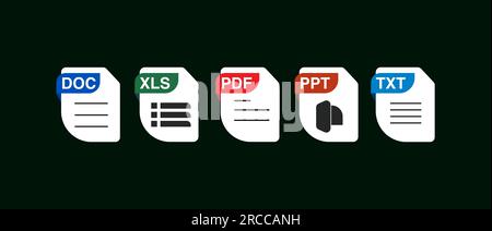 Jeu d'icônes de type de fichier. Format de fichiers populaires et document dans un design de style plat. Format et extension des documents. Ensemble de modèles graphiques Banque D'Images