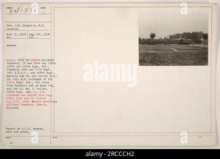 Image : la photographie montre une parcelle dans le cimetière militaire d'Abeele en Belgique. Il contient les tombes de 38 soldats des 105e, 107e et 106e régiments d'infanterie, précédemment connus sous le nom de 23e et 14e régiments d'infanterie, de la Garde nationale de New York, et du 105e régiment de mitrailleuses Battalion. Lieutenant-colonel M.N. Leibmann du 105e régiment d'infanterie et du 1e lieutenant Wm. H. Fuller, également du 105e régiment d'infanterie, y est enterré. Le lieutenant-colonel Liebmann est enterré le 18 août 1918 et le lieutenant Fuller le 11 août 1918. Cette image a été transmise par A.F.P. c Banque D'Images