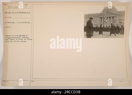 Cette photo montre le sergent J.T. Seabrook, photographe stationné en Caroline du Sud pendant la première Guerre mondiale. L'image représente le palais du roi Albert à Bruxelles, en Belgique, et la foule rassemblée devant lui le jour de son retour. La photo a été prise le 22 novembre 1918. Banque D'Images