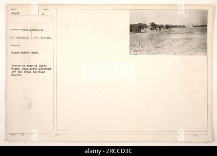 Convoi motorisé dans le camp de Black point, Utah après être arrivé du Grand désert américain. Le convoi faisait partie d'une opération de transport pendant la première Guerre mondiale. Photographie prise le 1 juillet 1919 par le sergent Lacey. (Source : aide à la recherche numéro 64147, collection StillPix) Banque D'Images