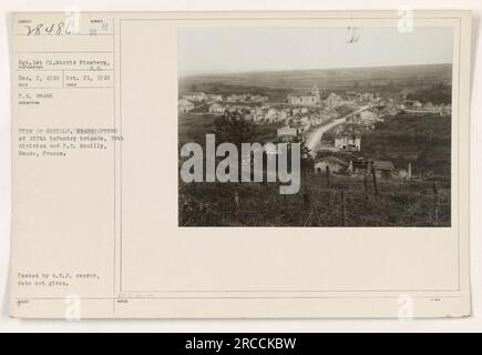 'Légende : vue de Mouilly, Meuse, France. Cette photographie montre le quartier général de la 157e brigade d'infanterie, 79e division, et le P.C. (Poste de commandement) à Mouilly pendant la première Guerre mondiale L'image a été capturée par le sergent 1st Cl. Morris Fineberg le 2 décembre 1918. Approbation de censure par A.R.P.' Banque D'Images