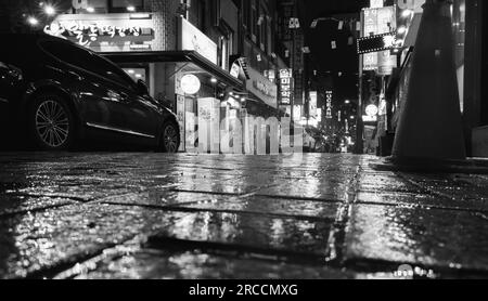 Busan, Corée du Sud - 19 mars 2018 : vue sur la rue avec éclairage publicitaire et voiture garée, quartier du centre-ville la nuit. Photo noir et blanc avec s Banque D'Images