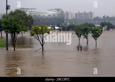 (230714) -- SÉOUL, 14 juillet 2023 (Xinhua) -- cette photo prise le 14 juillet 2023 montre le parc Banpo Hangang inondé à Séoul, en Corée du Sud. Des pluies durables ont frappé Séoul ces derniers jours. (NEWSIS via Xinhua) Banque D'Images