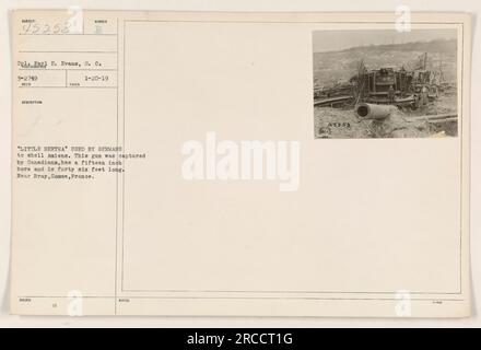 Pièce d'artillerie allemande connue sous le nom de « petite Bertha » a bombardé la ville d'Amiens pendant la première Guerre mondiale. Capturé par les forces canadiennes, cet énorme canon a un alésage de quinze pouces et mesure quarante-six pieds de long. Photographie prise près de Bray, somme, France le 20 janvier 1919. Sujet numéro 45253. Banque D'Images