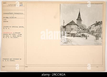 Légende : « Légende d'image tirée d'une série de photographies des activités militaires américaines pendant la première Guerre mondiale. Cette image spécifique est un dessin de l'artiste officiel T.S. A. Vacqueville, représentant le village de Vacqueville derrière les lignes. Le dessin, réalisé en couleur par le capitaine J. Andre Smith, a été censuré et publié par le censeur de l'A.E.P. ». Banque D'Images