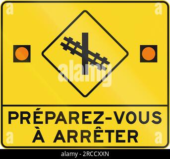 Panneau de signalisation routière d'avertissement au Québec, Canada - Préparez-vous à vous arrêter, passage à niveau. Banque D'Images