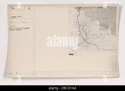 Carte montrant l'étendue de l'avancée allemande pendant la première Guerre mondiale. Cette photographie, numérotée 111-SC-7893, a été prise par un photographe du signal corps. La carte montre les zones où les forces allemandes ont fait les progrès les plus significatifs. La photographie contient également des notes faisant référence à 07898 autres DANS FUSSEL. Banque D'Images