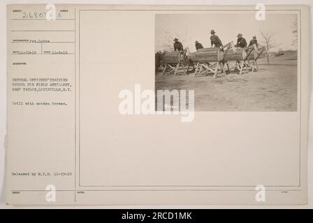 Soldats participant à des exercices d'entraînement avec des chevaux en bois à l'École centrale d'entraînement des officiers pour l'artillerie de campagne au Camp Taylor, Louisville, NY. Cette photographie a été prise le 5 novembre 1918 par le soldat Lubbe et publiée par le M.I.B le 23 novembre 1918. (Légende : exercices avec des chevaux en bois au Camp Taylor) Banque D'Images